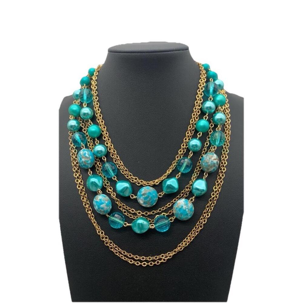 Vintage Gold Tone And Aqua Turquoise Blue Multi Strand Beaded Necklace